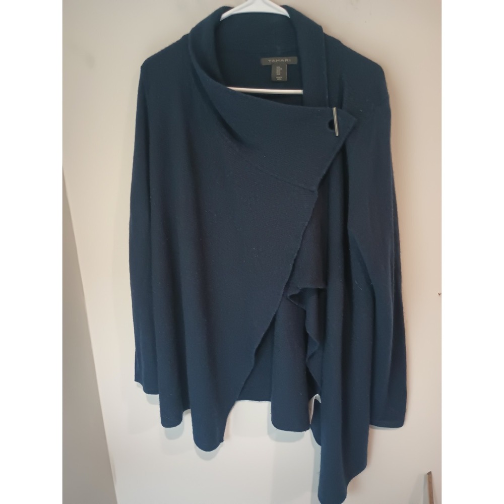 Tahari Womens L Merino Wool Blend Asymmetric Drape Toggle Cardigan Sweater Blue